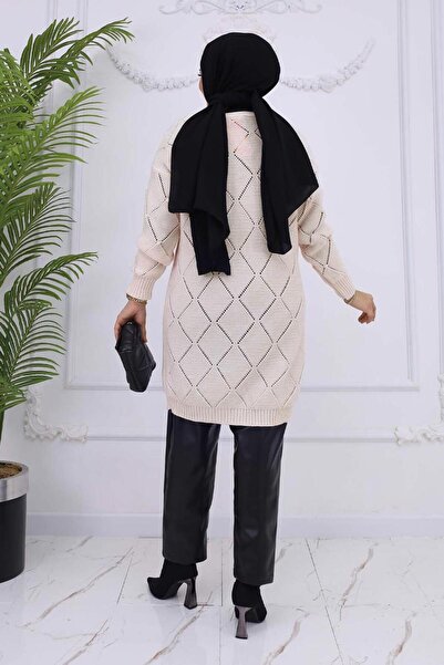 TRENDTESETTÜR Women's Beige (Stone) Baklava Patterned Cardigan t 904