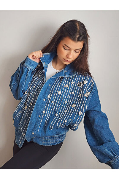 RENGARENG Kadın Tasarım Denim Ceket Taş Detaylı Mavi Bomber Kot Ceket
