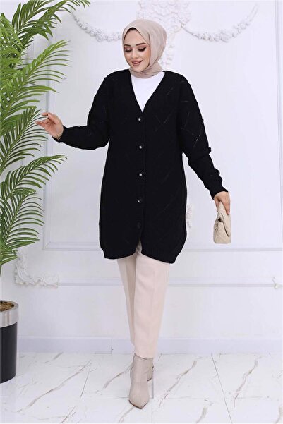 TRENDTESETTÜR Women's Black Baklava Patterned Cardigan t 904