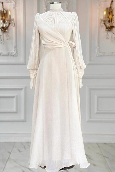 TRENDTESETTÜR KADIN BEJ BAĞLAMA DETAYLI ABİYE ELBİSE T 5163