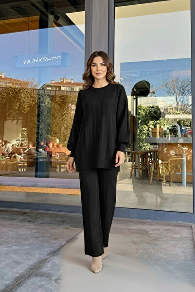TrendParis Thin Ribbed Bat Sleeve Knitwear Tunic Pants Double Set