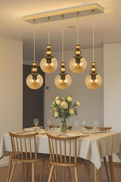 VENON Kardan Adam 5li Sıralı Sarkıt Yemek Masası Üstü ESKİTME BAL Glop Camlı Salon Avizesi