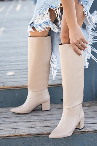 DİVOLYA Pavo Nude Leather Heeled Daily Use Pull-On Boots