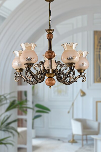 DEDE BEŞ KOLLU AHŞAPLI ESKİTME ELBE ZAMAK AVİZE BAL RENGİ CAMLI