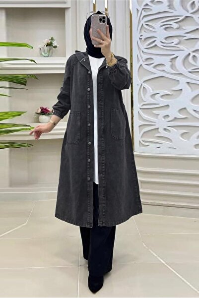 TRENDTESETTÜR Women's Gray (Anthracite) Buttoned Trench Coat t 7086