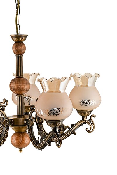 DEDE BEŞ KOLLU AHŞAPLI ESKİTME ELBE ZAMAK AVİZE BAL RENGİ CAMLI