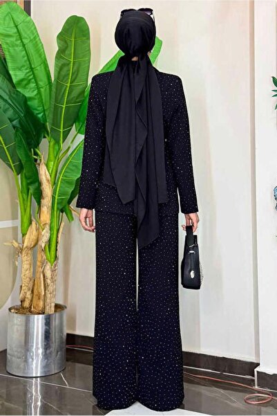 TRENDTESETTÜR Women's Black Stone Detail Pants Suit t 9958