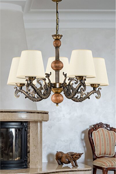 DEDE BEŞ KOLLU AHŞAPLI ESKİTME ELBE DÖKÜM ZAMAK AVİZE KREM ŞAPKALI