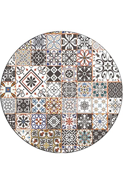 Frenda Home Çini Desen Kaymaz Deri Taban Yıkanabilir Yuvarlak Halı Gri