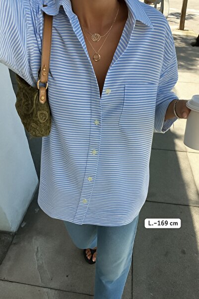 King Brothers Cămașă Pinterest Loose Fit Blue Striped Boyfriend Cămașă oversize pentru femei cu buzunare Noul sezon