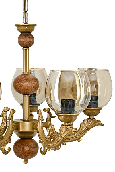 DEDE BEŞ KOLLU AHŞAPLI ESKİTME SAVA ZAMAK AVİZE BAL RENGİ CAMLI