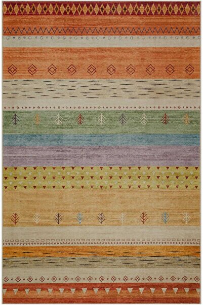 Frenda Etnik Kilim Desenli Pamuk Taban Yıkanabilir Baskılı Halı Turuncu