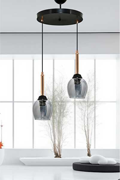 DEDE İKİLİ MANDARİN SARKIT AVİZE FÜME CAMLI BAKIR BORULU