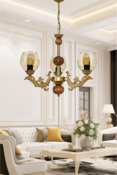 DEDE ÜÇ KOLLU AHŞAPLI ESKİTME SAVA ZAMAK AVİZE BAL RENGİ CAMLI