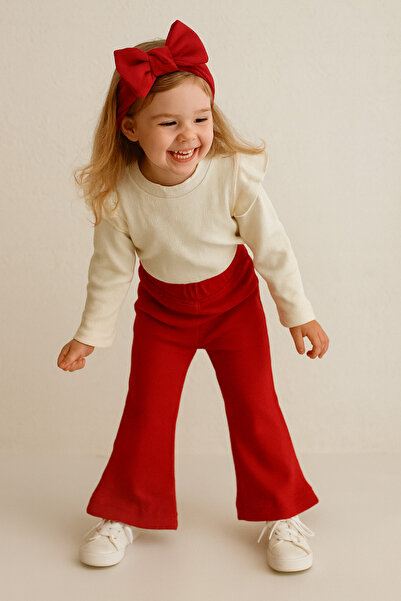 özge başaran Cream Colored Long Sleeve Badi and Red Leggings Set for Girl - Casual Stylish and Comfortable Combination