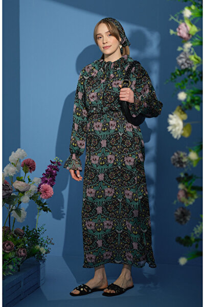 Fatma Atasoy Fırfır Yaka Floral Şifon Lila Elbise