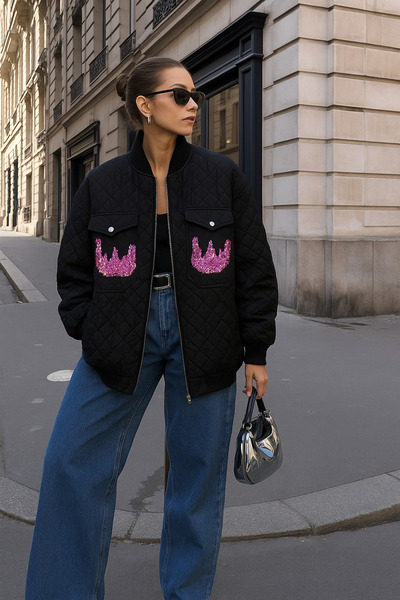 GZ Design Pembe Alev Işlemeli Siyah Kapitone Bomber Ceket