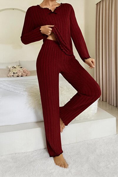 ELİTOL Σετ πιτζάμες με λεπτομέρεια από βαμβακερό φιόγκο σε μπορντό χρώμα
