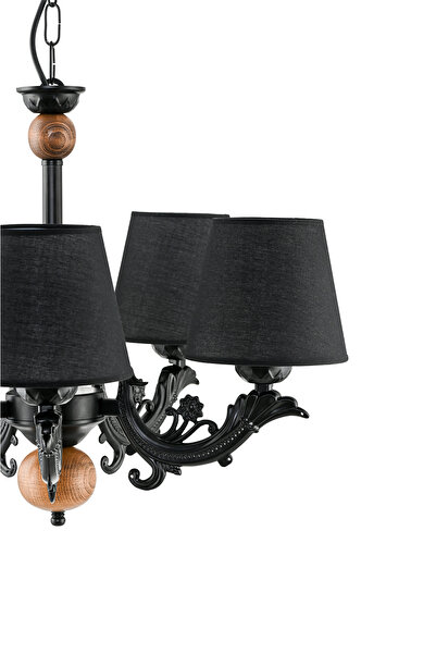 DEDE BEŞ KOLLU AHŞAPLI SİYAH SAVA ZAMAK AVİZE SİYAH ŞAPKALI