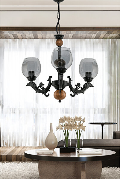 DEDE ÜÇ KOLLU AHŞAPLI SİYAH SAVA ZAMAK AVİZE FÜME CAMLI