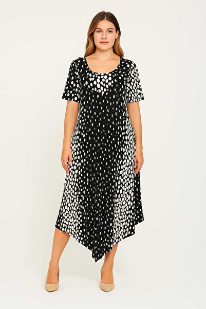 Şans Women's Plus Size Black, Washed Denim Fabric, Double Pockets, Short Sleeve Jeans Dress 65N39155