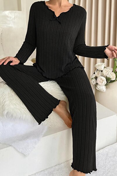 ELİTOL Black Cotton Sleepwear Set with Bow Detail