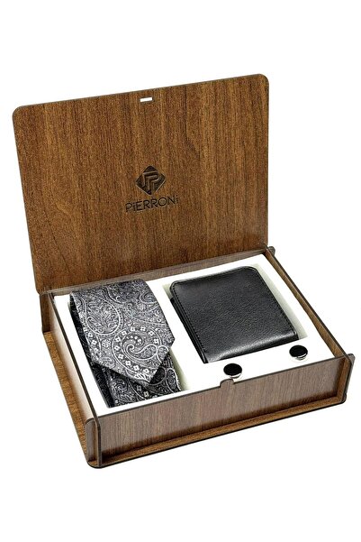 PİERRONİ Gray Black Shawl Pattern Tie Cufflink Wallet Set with Special Wooden Box