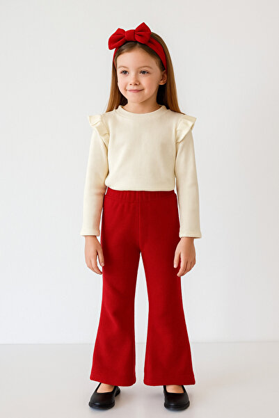 özge başaran Cream Colored Long Sleeve Badi and Red Leggings Set for Girl - Casual Stylish and Comfortable Combination