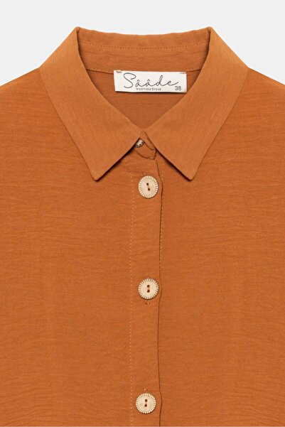 Saade Ανοιχτό καφέ γυναικείο πουκάμισο με γιακά με ξύλινα κουμπιά κολάζ ελαστικό υφαντό αερομπίνικ τουνίκ - Regular Fit