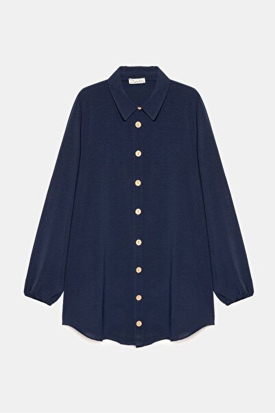 Saade Σκούρο μπλε ναυτικό γυναικείο πουκάμισο με γιακά με ξύλινα κουμπιά κολάζ ελαστικό υφαντό τουνίκ αερομπίν - κανονική εφαρμογή