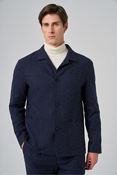 Morven Erkek Lacivert Yünlü Berberi Yaka Torba Cepli Gömlek