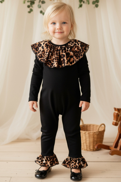 Parla Kids Baby Girl Dark Leopard Collared Jumpsuit with Snap Detail