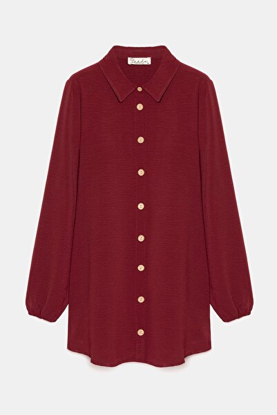 Saade Burgundy Women's Shirt Collar Wooden Buttoned Collage Elastic Aerobin Woven Tunic - Regular Fit