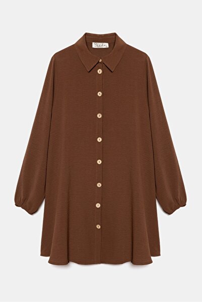 Saade Καφέ γυναικείο πουκάμισο με γιακά με ξύλινα κουμπιά κολάζ ελαστικό υφαντό τουνίκ αερομπίν - κανονική εφαρμογή