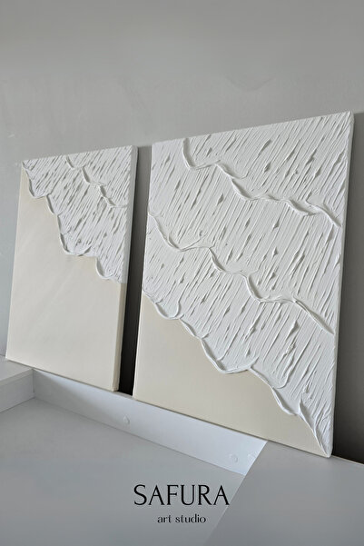 Safura Art Studio Dokulu Tablo – El Yapımı 3 Boyutlu Alçı Minimalist Doku, Modern İskandinav Kabartmalı (Dalga No:1)