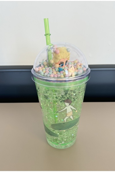 Two Two Renkli Yaz Desenli Pipetli İçecek Kupası-Yeşil çocuk bardak-Pipetli bardak