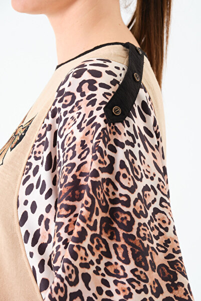 Qlees Fashion Women's Linen Batwing Sleeve Side Pocket Leopard Print Garnished Elastic Waist Double Beige Top and Bottom Set