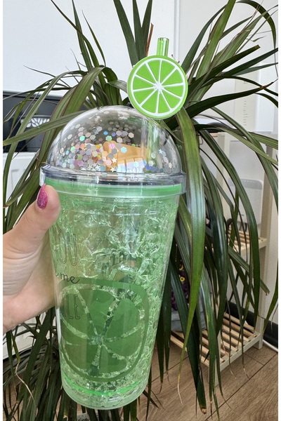 Two Two Renkli Yaz Desenli Pipetli İçecek Kupası-Yeşil Limon desenli pipetli ...