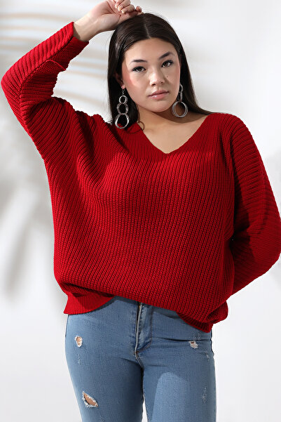 Devinka Kadın Kırmızı V Yaka Selanik Örgü Oversize Triko Kazak