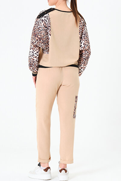 Qlees Fashion Women's Linen Batwing Sleeve Side Pocket Leopard Print Garnished Elastic Waist Double Beige Top and Bottom Set