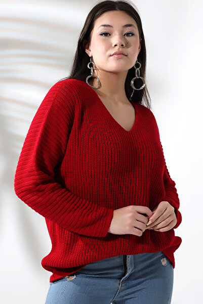 Devinka Kadın Kırmızı V Yaka Selanik Örgü Oversize Triko Kazak