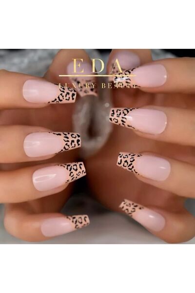 EDA LUXURY BEAUTY 24'lü Doğal Pembe Leopar French Takma Tırnak Lüks Desenli E...
