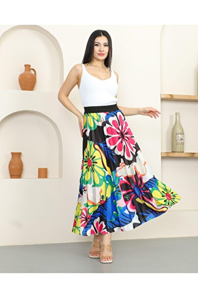 ABS FASHİON Bel Lastikli Desenli Piliseli Etek