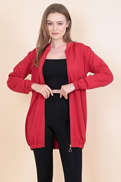 ABS FASHİON Kadın Kırmızı Iki Ip Fermuarlı Hırka Tunik