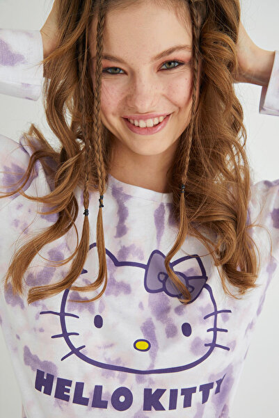Hello Kitty Lisanslı Uzun Kollu Mor Batik Pijama Takımı