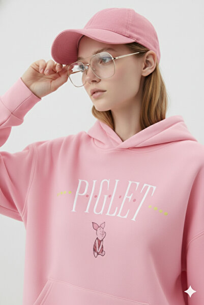 dwnwear Prase Štampano Roza Sa kapuljačom Kengur džep širok kroj Dukserica