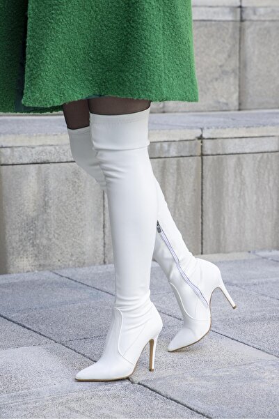 FSKOMBİN Mendoza Kadın Beyaz Diz Üstü İnce Topuklu Streç Çizme