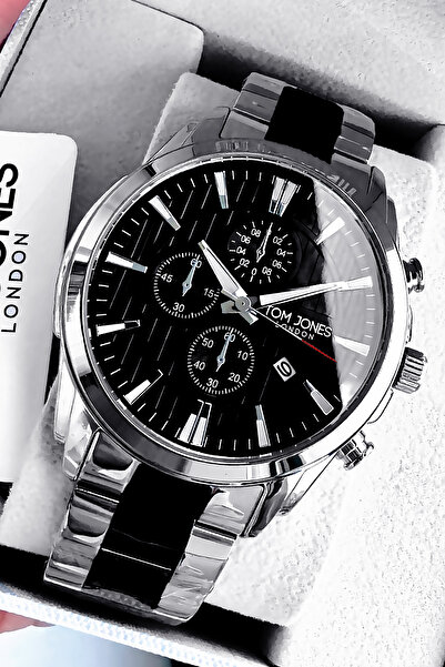 Tom Jones ساعة يد رجالية أصلية 3ATM مقاومة للماء فضية - سوار فولاذي أسود اللو...