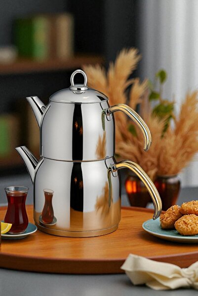 Gökdil Valeriya Induction Base Medium Size Teapot Set Gold Handle