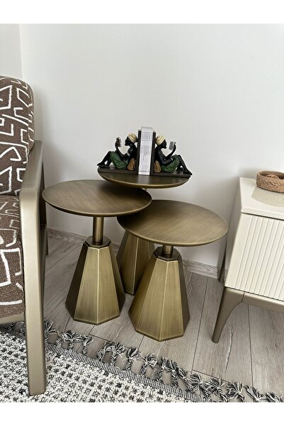Gold Design ANTİK ESKİTME pera üçlü takım yan sehpa zigon